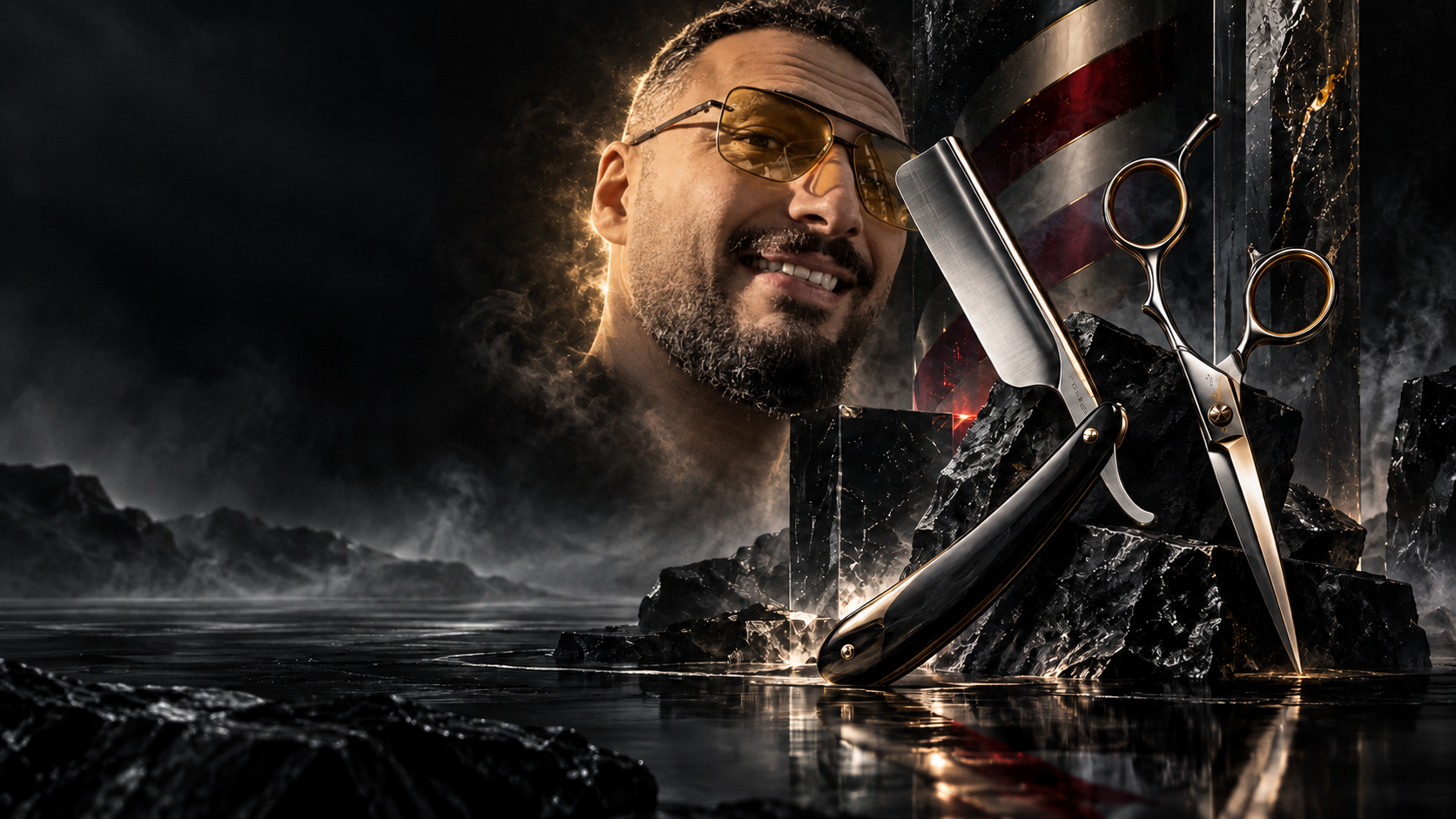 Rani s břitvou a barber nůžkami v dramatické černo-zlaté kompozici
